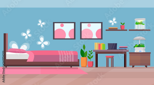 modern apartment bedroom interior with home electronic terrarium glass container house plants growing concept flat horizontal
