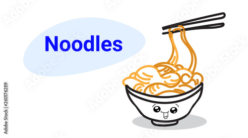 cute noodles ramen bowl cartoon comic character with smiling face happy emoji kawaii hand drawn style asian traditional food concept horizontal