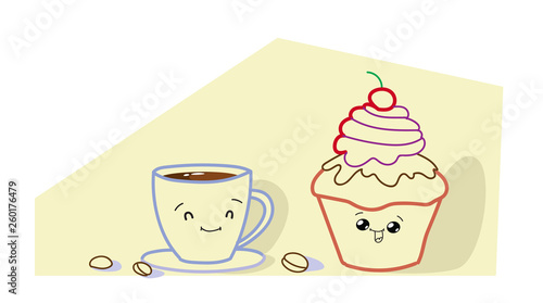 cute muffin cake with coffee cup cartoon comic characters smiling faces tasty cupcake and hot drink happy emoji kawaii hand drawn style sweet bakery delicious breakfast concept horizontal © mast3r