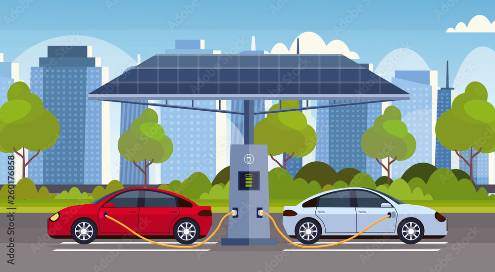 electric cars charging on electrical charge station with solar panels renewable eco friendly transport environment care concept flat modern cityscape background horizontal
