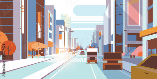 cars driving road traffic urban street skyscraper building view modern cityscape background city life concept horizontal flat