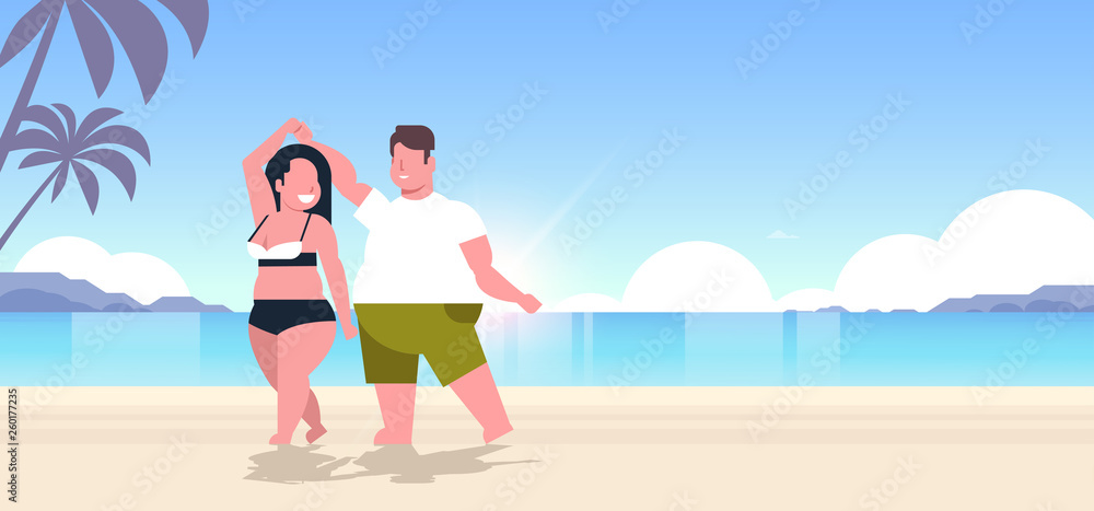 fat obese couple wearing beach clothes overweight man woman dancing having fun summer vacation concept beautiful seaside sunset landscape background full length flat horizontal