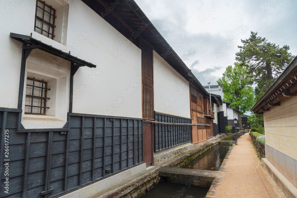 Historical village Furukawa in Hida, Gifu prefecture, Japan. Old town with water canal