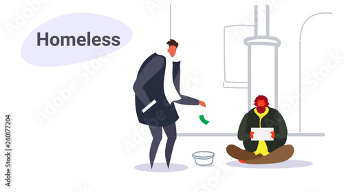 man giving money to poor guy sitting on street begging for help beggar holding sign board homeless concept sketch doodle horizontal vector illustration