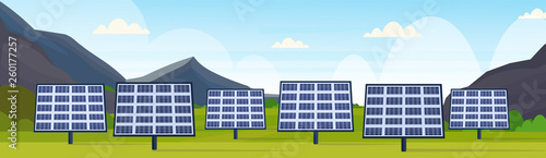 solar panels field clean alternative energy source renewable station photovoltaic district concept natural landscape mountains background flat horizontal banner