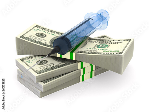 money and syringe on white ...