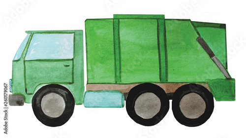 green garbage truck. watercolor illustration for poster and booklet design, environmental protection.