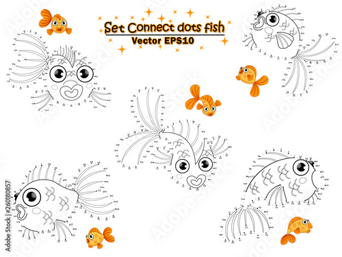 Set Connect the dots draw the cute cartoon goldfish and color. educational game for kids. Vector illustration