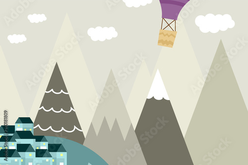 Graphic illustration for kids room wallpaper with house, hill, and purple hot air balloon. Can use for print on the wall, pillows, decoration kids interior, baby wear, textile, and card