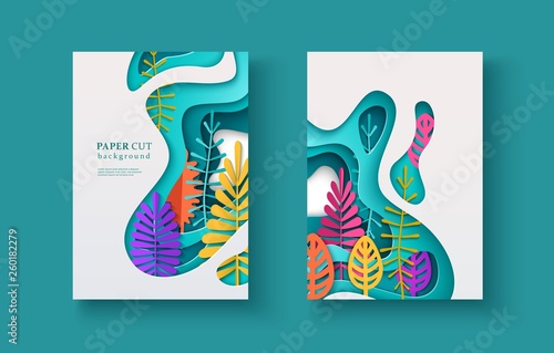 Set of seasonal banners with layered shapes and colorful leaves in paper cut style. The color palette is suitable for spring, summer, autumn. Effect of 3D in papercraft art. A4 size, vector