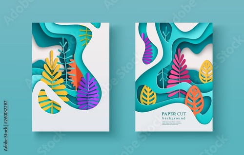 Set of seasonal banners with layered shapes and colorful leaves in paper cut style. The color palette is suitable for spring, summer, autumn. Effect of 3D in papercraft art. A4 size, vector