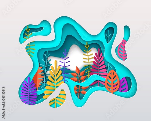 Spring summer autumn composition with colorful leaves inscribed in paper cut layered spot. Bright colorful seasonal design in papercraft style layered art on a white background. Papercut vector
