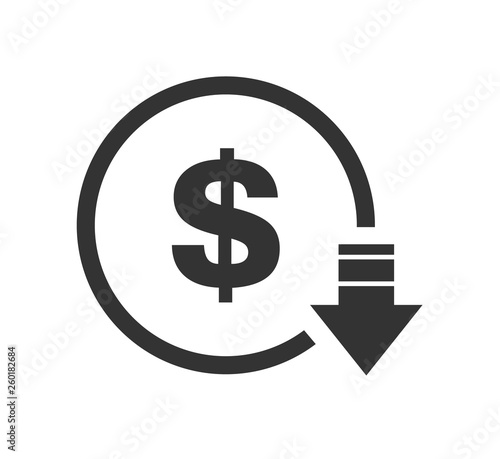 Cost reduction- decrease dollar icon. Vector symbol image isolated on background .