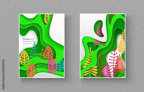Set of seasonal banners with layered shapes and colorful leaves in paper cut style. The color palette is suitable for spring, summer, autumn. Effect of 3D in papercraft art. A4 size, vector