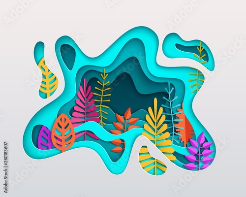 Spring summer autumn composition with colorful leaves inscribed in paper cut layered spot. Bright colorful seasonal design in papercraft style layered art on a white background. Papercut vector