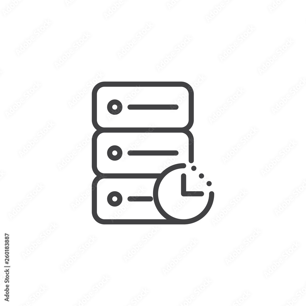 Database with clock line icon. linear style sign for mobile concept and web design. Storage time server outline vector icon. Symbol, logo illustration. Pixel perfect vector graphics Database with clock line icon. linear style sign for mobile concept and web design. Storage time server outline vector icon. Symbol, logo illustration. Pixel perfect vector graphics