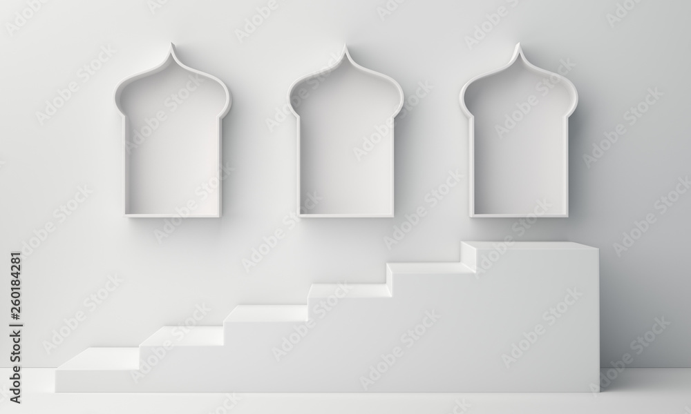 Arabic window shelf and steps on white background. Design creative concept of islamic celebration day ramadan kareem or eid al fitr adha. 3D rendering illustration. Arabic window shelf and steps on white background. Design creative concept of islamic celebration day ramadan kareem or eid al fitr adha. 3D rendering illustration.