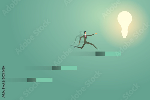 Businessman jumping go on lightbulb creative concept solution ambition succes. illustration - vector
