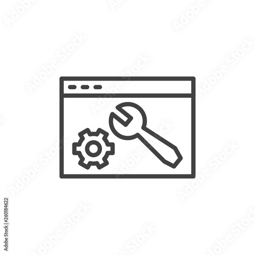 Web settings line icon. linear style sign for mobile concept and web design. Website page with wrench and gear outline vector icon. Symbol, logo illustration. Pixel perfect vector graphics