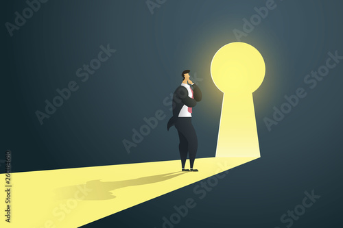 Businessman standing thinking near keyhole door  in the wall of the hole at light falls. illustration Vector