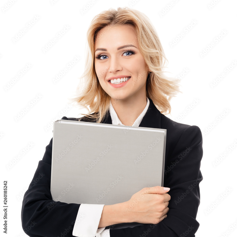 Young smiling businesswoman with grey folder Young smiling businesswoman with grey folder