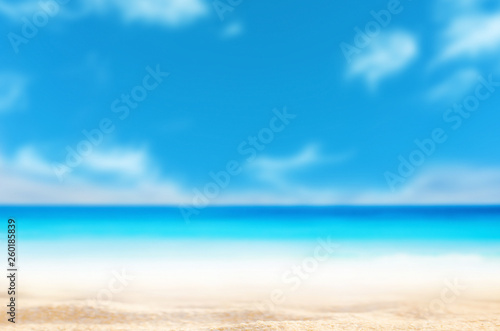 Summer background. Sea sand sun. Blur tropical beach with bokeh light wave abstract . Copy space of outdoor holiday vacation and travel adventure concept.