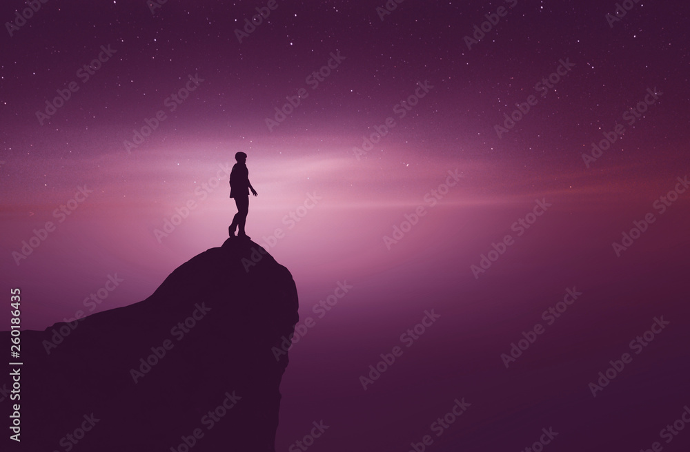 Fototapeta premium Man on top of a mountain peak,3d rendering