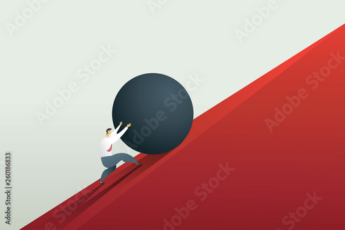 Businessman pushing boulder up to hill and hard work challenge. Concept illustration vector.