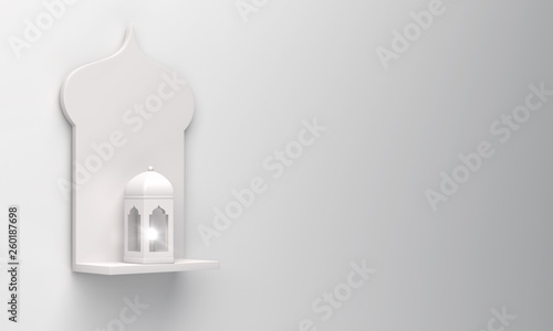 Arabic window shelf and lantern on white background. Design creative concept of islamic celebration day ramadan kareem or eid al fitr adha. 3D rendering illustration.