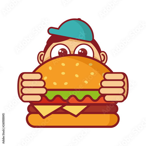 Express delivery concept. Burgers delivery. Modern design vector illustration. Delivery logo. Boy holding a burger