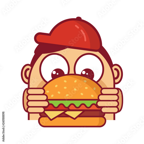 Happy cute boy hugging big hamburger isolated. Burger lover concept. Burger icon. Tasty juicy burger illustration