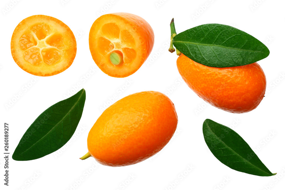Cumquat or kumquat with leaves isolated on white background. top view Cumquat or kumquat with leaves isolated on white background. top view