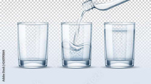 Empty glass cup, full one and water pouring into realistic glass cup from plastic bottle on transparent background set. Purified or mineral water advertising, package vector design.