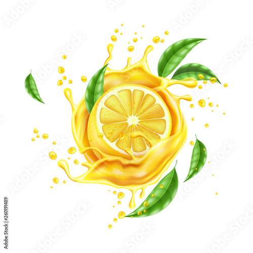 Vector realistic lemon splash flow with leaves