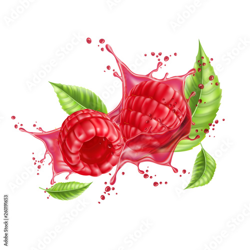 Vector realistic raspberry splash flow with leaves