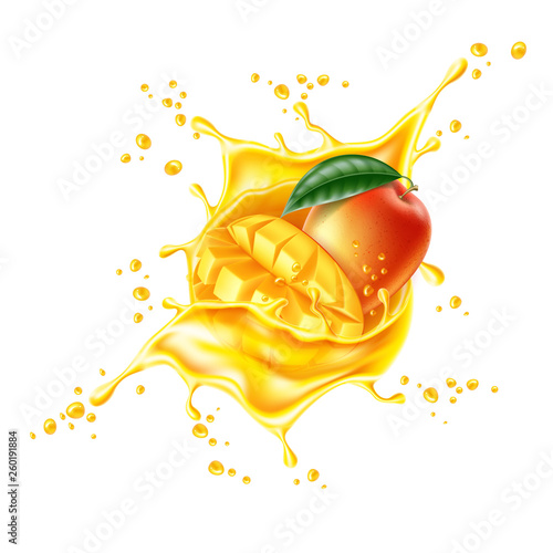 Vector realistic mango leaf slice juice splash