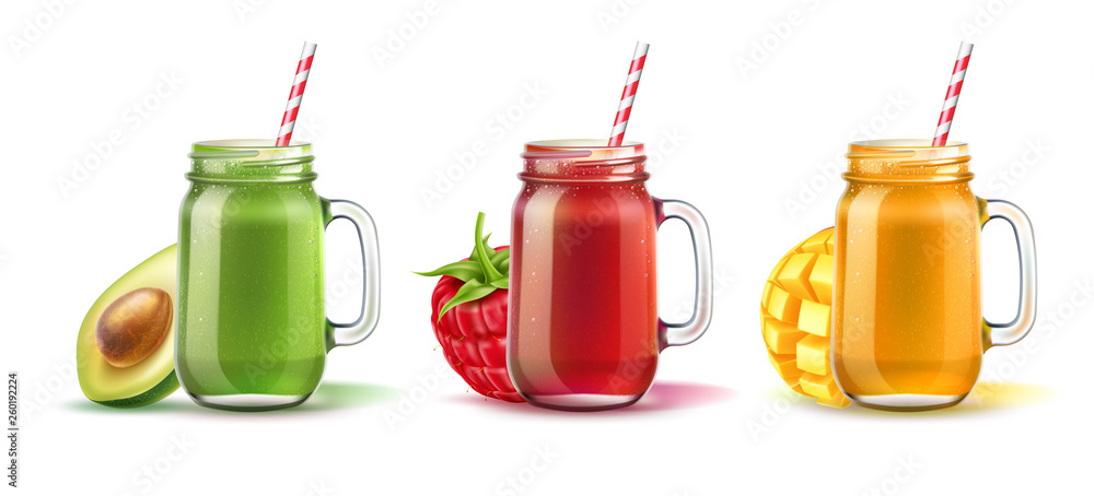 Realistic smoothie in mason jar with straw set. Fruits and vegetables mix  in red, orange green glass jar. Detox cocktail for healthy dieting.  Spinach, strawberry, mango shakes. Vector vitamin cocktail Stock Vector