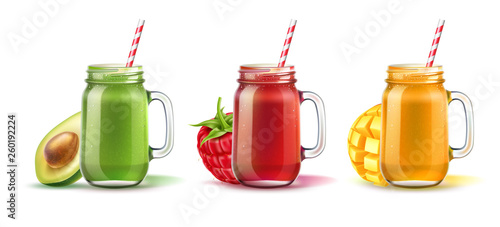 Realistic smoothie in mason jar with straw set. Fruits and vegetables mix in red, orange green glass jar. Detox cocktail for healthy dieting. Spinach, strawberry, mango shakes. Vector vitamin cocktail