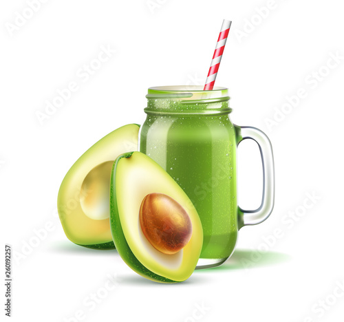 Realistic smoothie mason jar with straw and avocado fruit halves . Green fruits and vegetables mix in glass jar. Detox cocktail for healthy dieting. Spinach kiwi celery shake. Vector vitamin cocktail