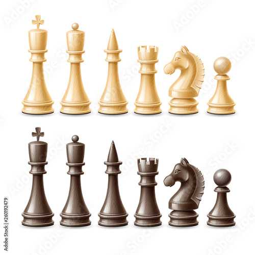 Realistic chess pieces set. King, queen bishop and pawn horse rook Black and white chess figures for strategic board game. Intellectual leisure activity symbol. 3d chessboard objects for vector design