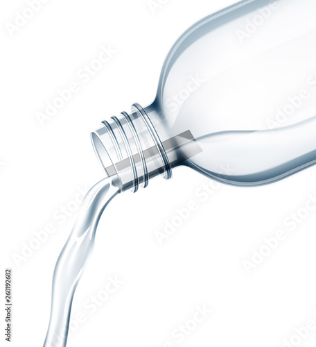 Water pouring into realistic glass cup from plastic bottle on transparent background. Purified or mineral water advertising, package vector design.