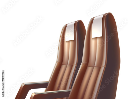 Realistic airplane, bus or car passenger seats for travelling and tourism design. Aircraft, road brown leather seat transportation. Summer vacation, voyage vector illustration.