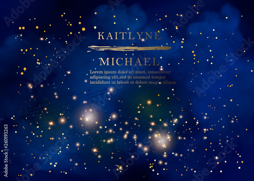 Magic night dark blue sky with sparkling stars vector wedding invitation. Andromeda galaxy. Gold glitter powder splash background. Golden scattered dust.