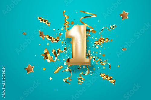 First Anniversary celebration. Golden number 1 with sparkling confetti, stars, glitters and streamer ribbons. Vector festive illustration.