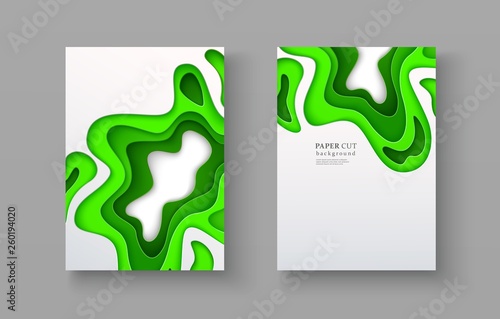 Set of spring and summer banners with 3d layered shapes in paper cut style. Bright green seasonal design in papercraft art on white background. Vector illustration Size A4