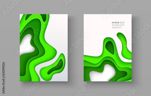 Set of spring and summer banners with 3d layered shapes in paper cut style. Bright green seasonal design in papercraft art on white background. Vector illustration Size A4