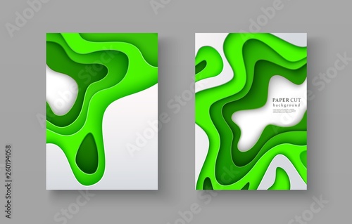 Set of spring and summer banners with 3d layered shapes in paper cut style. Bright green seasonal design in papercraft art on white background. Vector illustration Size A4