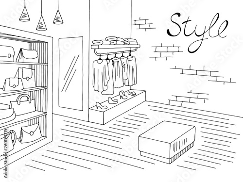 Shop store interior graphic black white sketch illustration vector