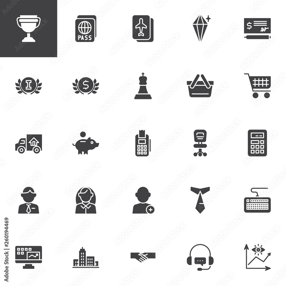 Business and finance vector icons set, modern solid symbol collection, filled style pictogram pack. Signs, logo illustration. Set includes icons as Bank check payment, Piggy bank, Business handshake Business and finance vector icons set, modern solid symbol collection, filled style pictogram pack. Signs, logo illustration. Set includes icons as Bank check payment, Piggy bank, Business handshake