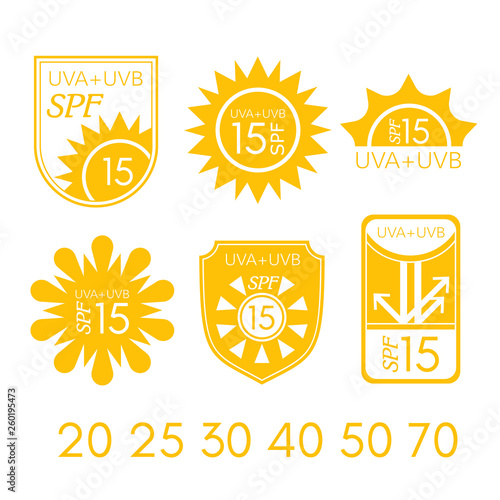 Spf labels collection. Ultraviolet protection vector emblems.